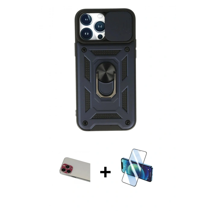 MARSİLYAN™- iPhone 13 Pro Max Kılıf Ahenk Klasik - Siyah 3D Antistatik Cam Ekran Koruyucu + Rainbow Kamera Lens Koruma Cam - KI