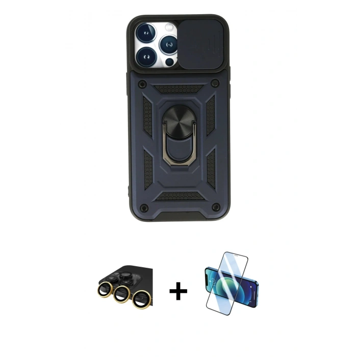 MARSİLYAN™- iPhone 13 Pro Max Kılıf Ahenk Klasik - Siyah 3D Antistatik Cam Ekran Koruyucu + Raze Metal Kamera Lens - GD