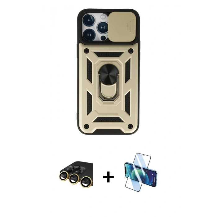 MARSİLYAN™- iPhone 13 Pro Max Kılıf Ahenk Klasik - Siyah 3D Antistatik Cam Ekran Koruyucu + Raze Metal Kamera Lens - GD