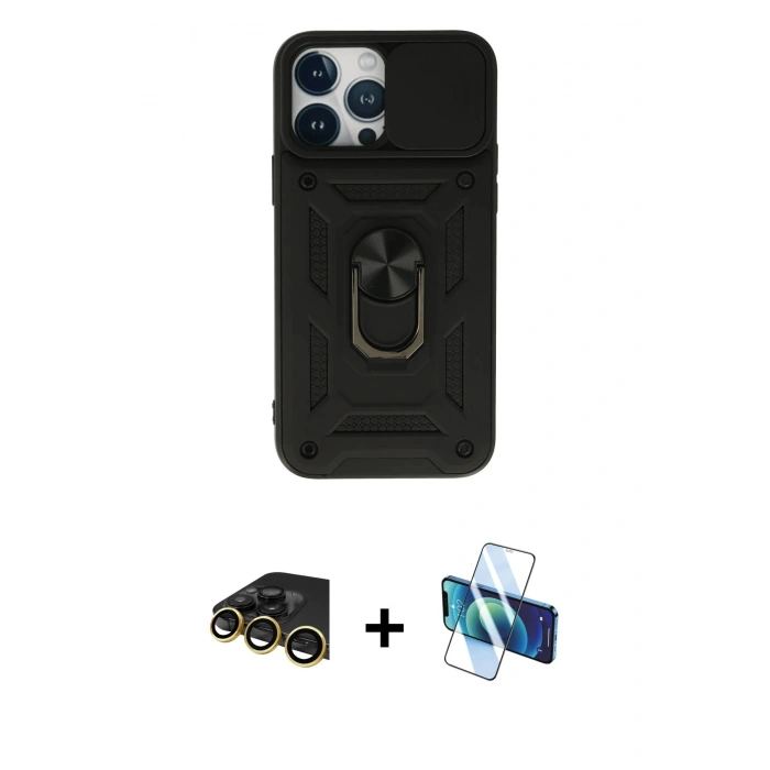 MARSİLYAN™- iPhone 13 Pro Max Kılıf Ahenk Klasik - Siyah 3D Antistatik Cam Ekran Koruyucu + Raze Metal Kamera Lens - GD