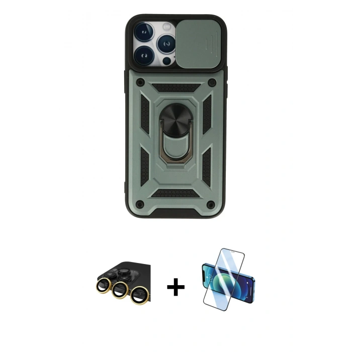 MARSİLYAN™- iPhone 13 Pro Max Kılıf Ahenk Klasik - Siyah 3D Antistatik Cam Ekran Koruyucu + Raze Metal Kamera Lens - GD