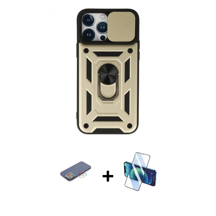MARSİLYAN™- iPhone 13 Pro Max Kılıf Ahenk Klasik - Siyah 3D Antistatik Cam Ekran Koruyucu + Renkli Kamera Lens Koruma Cam - MI
