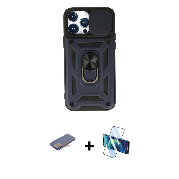 MARSİLYAN™- iPhone 13 Pro Max Kılıf Ahenk Klasik - Siyah 3D Antistatik Cam Ekran Koruyucu + Renkli Kamera Lens Koruma Cam - PE