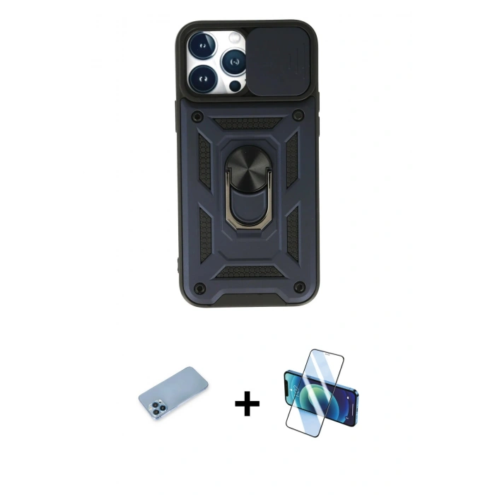 MARSİLYAN™- iPhone 13 Pro Max Kılıf Ahenk Klasik - Siyah 3D Antistatik Cam Ekran Koruyucu + Shine Kamera Lens Koruma Cam - MI