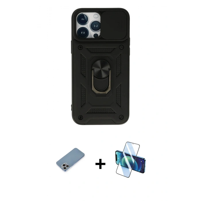 MARSİLYAN™- iPhone 13 Pro Max Kılıf Ahenk Klasik - Siyah 3D Antistatik Cam Ekran Koruyucu + Shine Kamera Lens Koruma Cam - GI