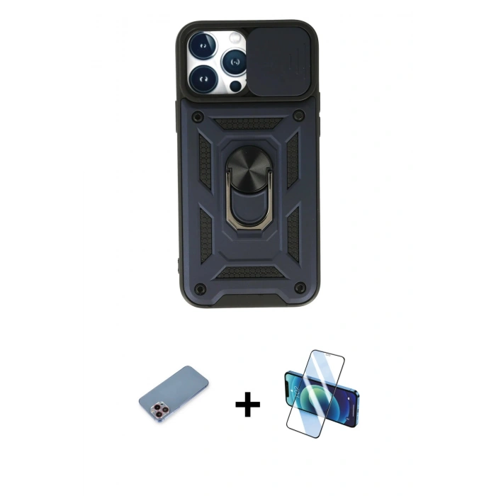 MARSİLYAN™- iPhone 13 Pro Max Kılıf Ahenk Klasik - Siyah 3D Antistatik Cam Ekran Koruyucu + Shine Kamera Lens Koruma Cam - PE