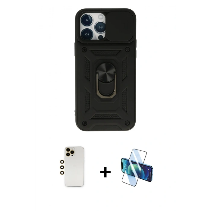 MARSİLYAN™- iPhone 13 Pro Max Kılıf Ahenk Klasik - Siyah 3D Antistatik Cam Ekran Koruyucu + Shine Kamera Lens - GD