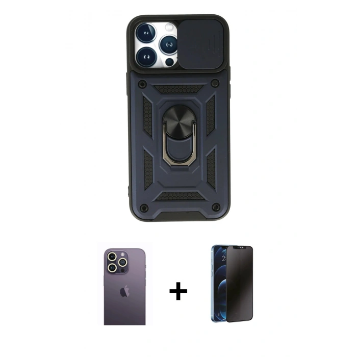 MARSİLYAN™- iPhone 13 Pro Max Kılıf Ahenk Klasik - Siyah 3D Antistatik Hayalet Cam Ekran Koruyucu + Neon Fosforlu Kamera Lens - BZ