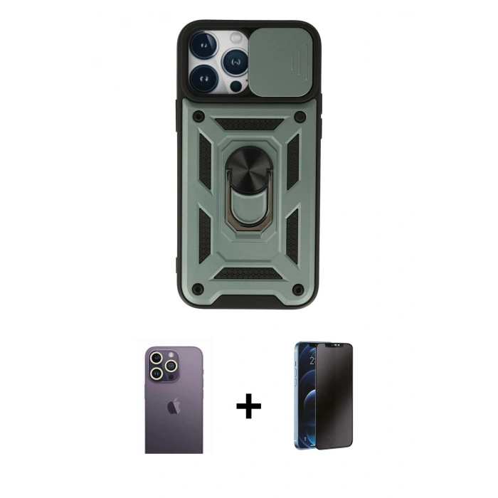 MARSİLYAN™- iPhone 13 Pro Max Kılıf Ahenk Klasik - Siyah 3D Antistatik Hayalet Cam Ekran Koruyucu + Neon Fosforlu Kamera Lens - BZ