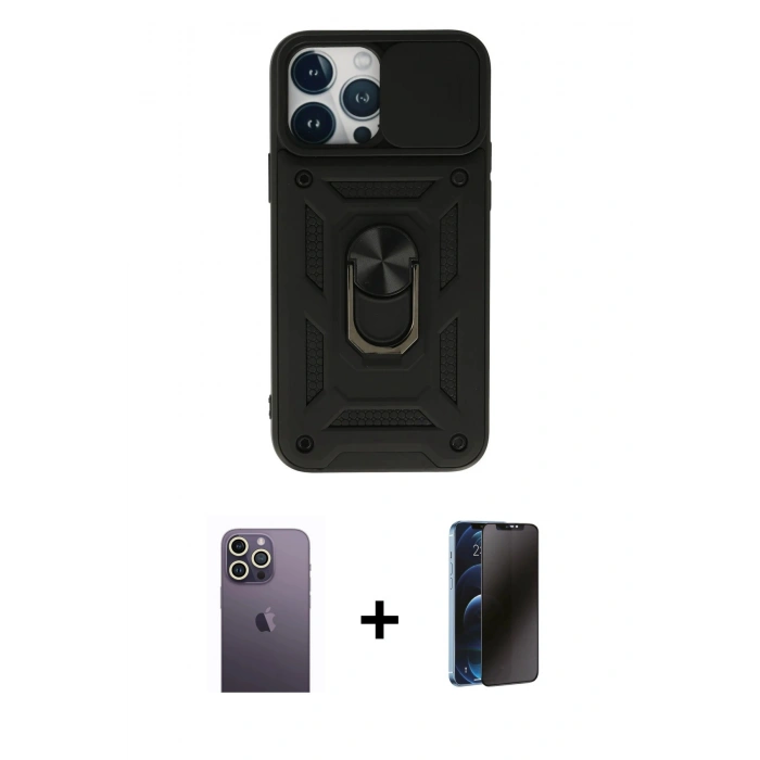 MARSİLYAN™- iPhone 13 Pro Max Kılıf Ahenk Klasik - Siyah 3D Antistatik Hayalet Cam Ekran Koruyucu + Neon Fosforlu Kamera Lens - BZ