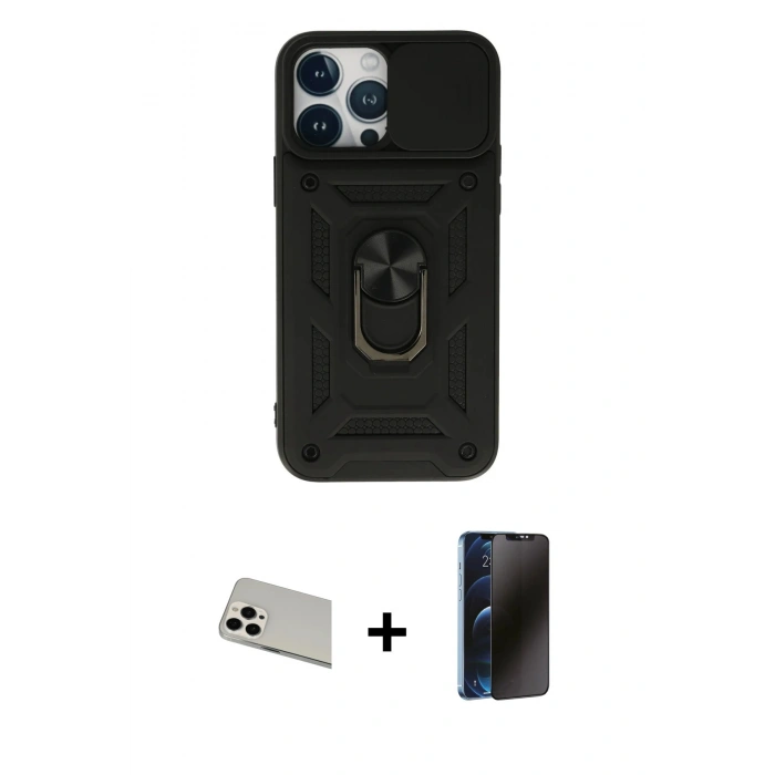 MARSİLYAN™- iPhone 13 Pro Max Kılıf Ahenk Klasik - Siyah 3D Antistatik Hayalet Cam Ekran Koruyucu + Rainbow Kamera Lens Koruma Cam - BZ