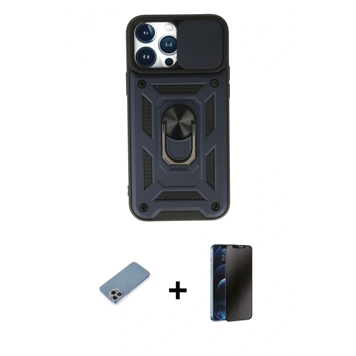 MARSİLYAN™- iPhone 13 Pro Max Kılıf Ahenk Klasik - Siyah 3D Antistatik Hayalet Cam Ekran Koruyucu + Shine Kamera Lens Koruma Cam - GI