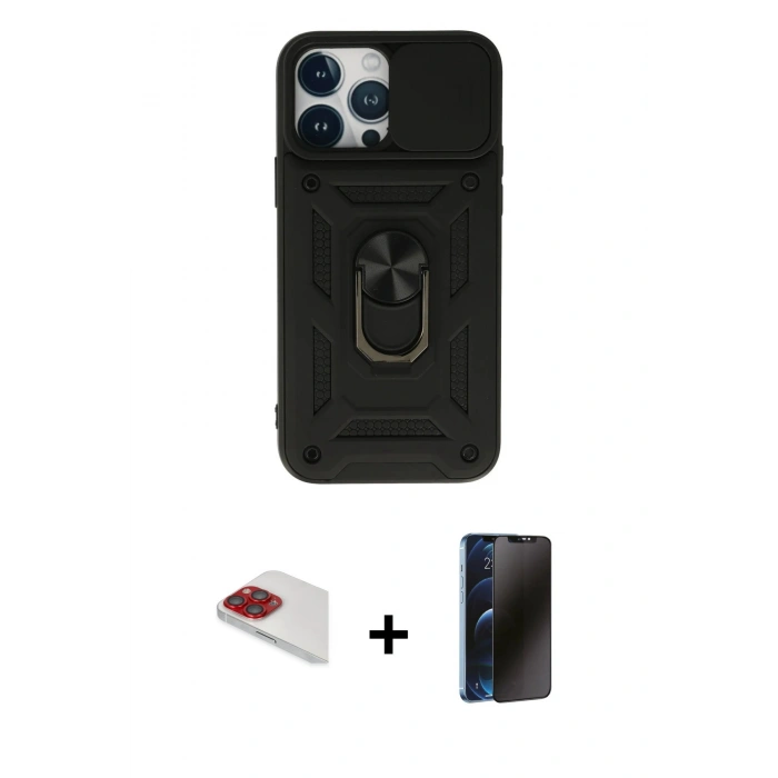 MARSİLYAN™- iPhone 13 Pro Max Kılıf Ahenk Klasik - Siyah 3D Antistatik Hayalet Cam Ekran Koruyucu + Pers Alüminyum Kamera Lens - KI