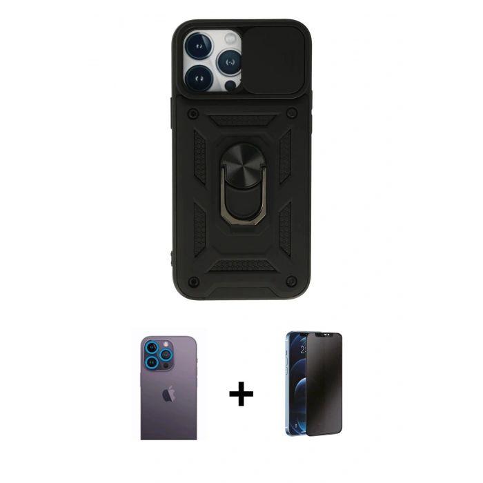 MARSİLYAN™- iPhone 13 Pro Max Kılıf Ahenk Klasik - Siyah 3D Antistatik Hayalet Cam Ekran Koruyucu + Neon Fosforlu Kamera Lens - MI