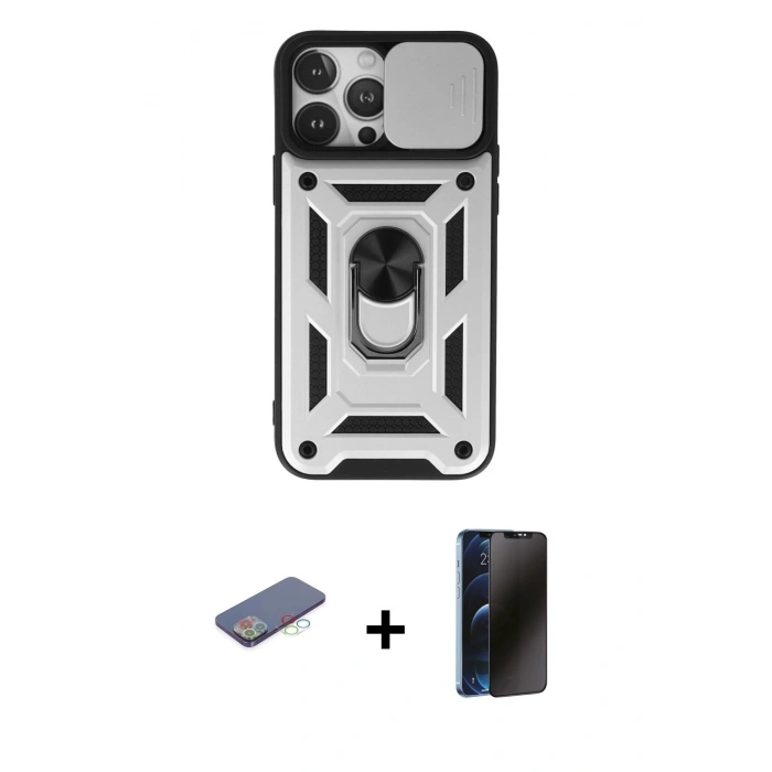 MARSİLYAN™- iPhone 13 Pro Max Kılıf Ahenk Klasik - Siyah 3D Antistatik Hayalet Cam Ekran Koruyucu + Mavi Renkli Kamera Lens Koruma Cam