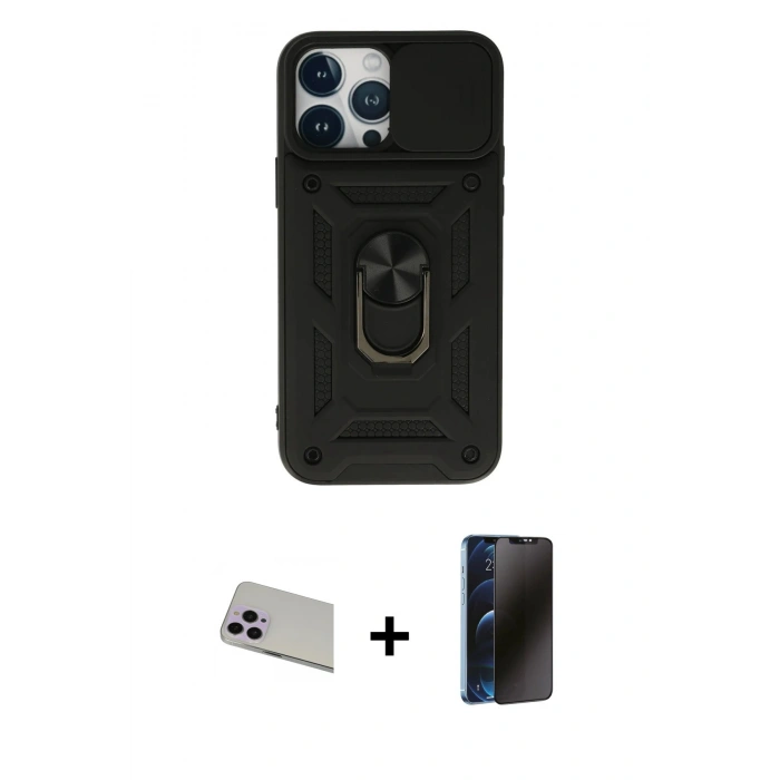 MARSİLYAN™- iPhone 13 Pro Max Kılıf Ahenk Klasik - Siyah 3D Antistatik Hayalet Cam Ekran Koruyucu + Rainbow Kamera Lens Koruma Cam - MR