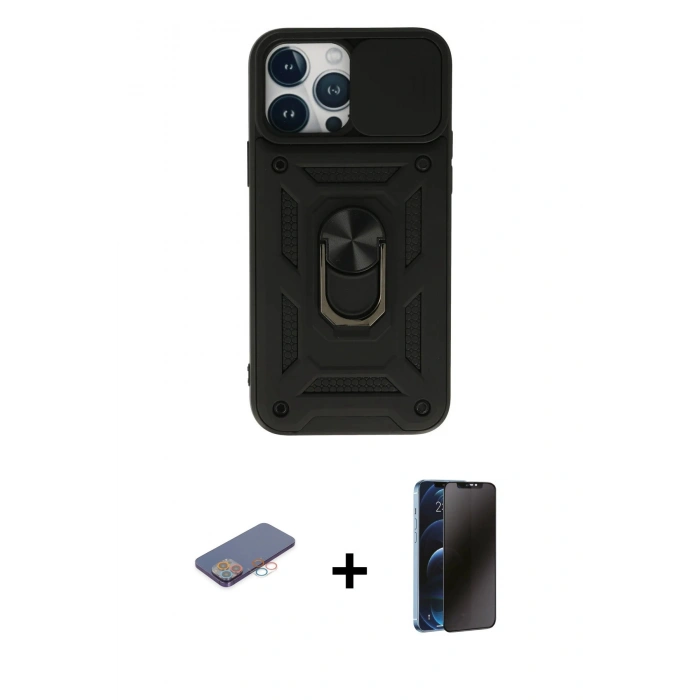 MARSİLYAN™- iPhone 13 Pro Max Kılıf Ahenk Klasik - Siyah 3D Antistatik Hayalet Cam Ekran Koruyucu + Renkli Kamera Lens Koruma Cam - PE