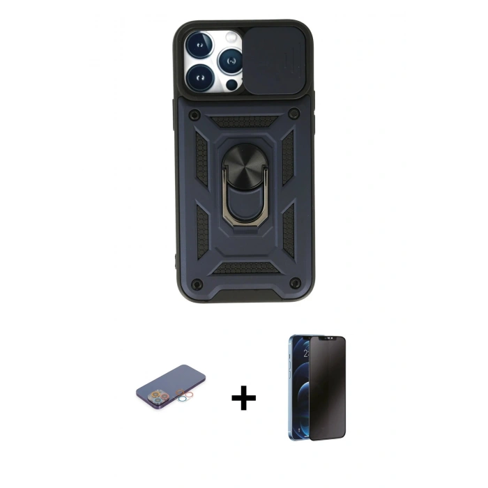 MARSİLYAN™- iPhone 13 Pro Max Kılıf Ahenk Klasik - Siyah 3D Antistatik Hayalet Cam Ekran Koruyucu + Renkli Kamera Lens Koruma Cam - PE