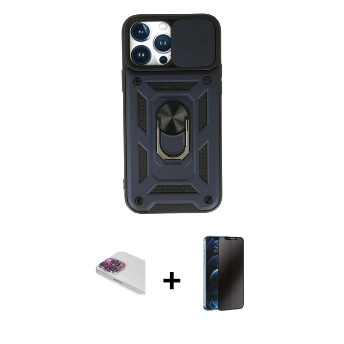 MARSİLYAN™- iPhone 13 Pro Max Kılıf Ahenk Klasik - Siyah 3D Antistatik Hayalet Cam Ekran Koruyucu + Pers Alüminyum Kamera Lens - GI
