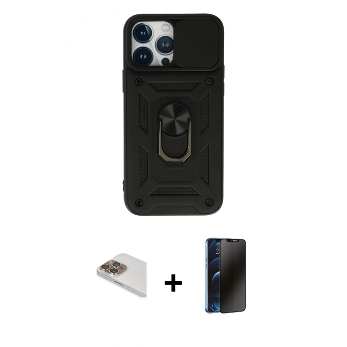 MARSİLYAN™- iPhone 13 Pro Max Kılıf Ahenk Klasik - Siyah 3D Antistatik Hayalet Cam Ekran Koruyucu + Pers Alüminyum Kamera Lens - GD