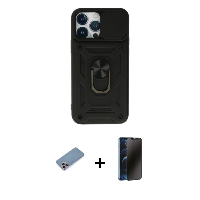 MARSİLYAN™- iPhone 13 Pro Max Kılıf Ahenk Klasik - Siyah 3D Antistatik Hayalet Cam Ekran Koruyucu + Shine Kamera Lens Koruma Cam - PE