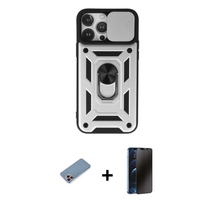 MARSİLYAN™- iPhone 13 Pro Max Kılıf Ahenk Klasik - Siyah 3D Antistatik Hayalet Cam Ekran Koruyucu + Shine Kamera Lens Koruma Cam - PE