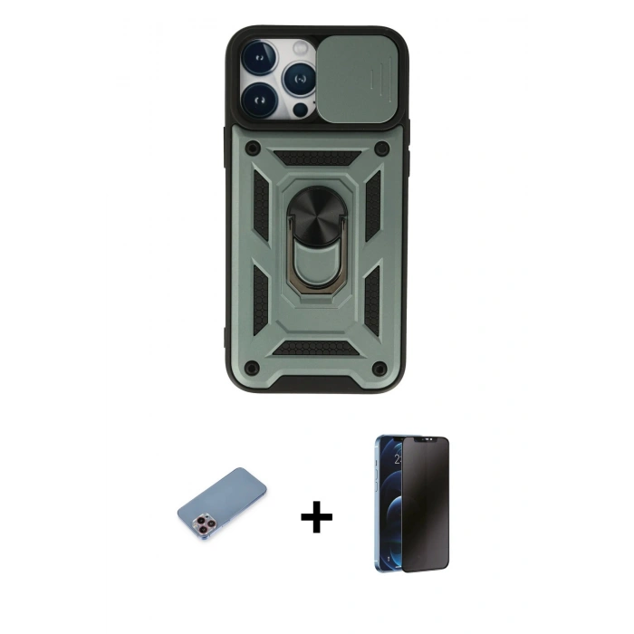 MARSİLYAN™- iPhone 13 Pro Max Kılıf Ahenk Klasik - Siyah 3D Antistatik Hayalet Cam Ekran Koruyucu + Shine Kamera Lens Koruma Cam - PE