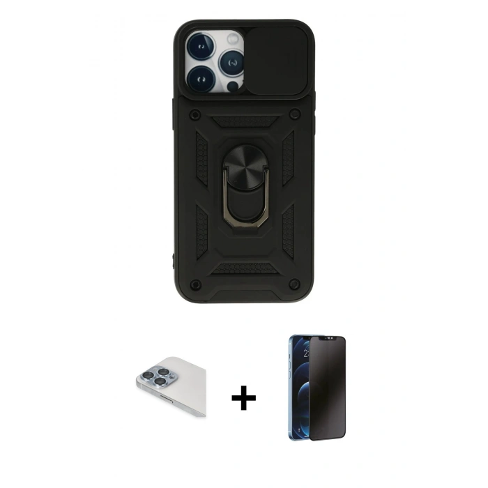 MARSİLYAN™- iPhone 13 Pro Max Kılıf Ahenk Klasik - Siyah 3D Antistatik Hayalet Cam Ekran Koruyucu + Pers Alüminyum Kamera Lens - SABE