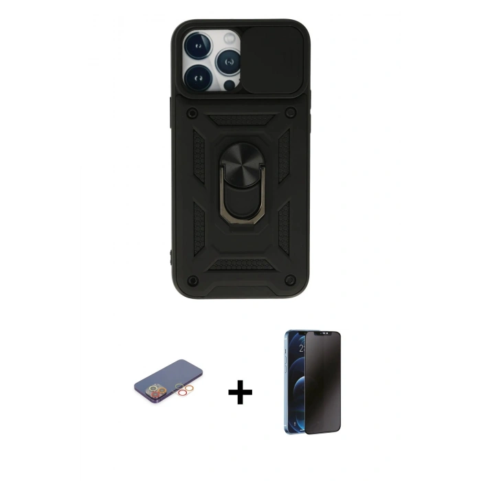 MARSİLYAN™- iPhone 13 Pro Max Kılıf Ahenk Klasik - Siyah 3D Antistatik Hayalet Cam Ekran Koruyucu + Renkli Kamera Lens Koruma Cam - TU