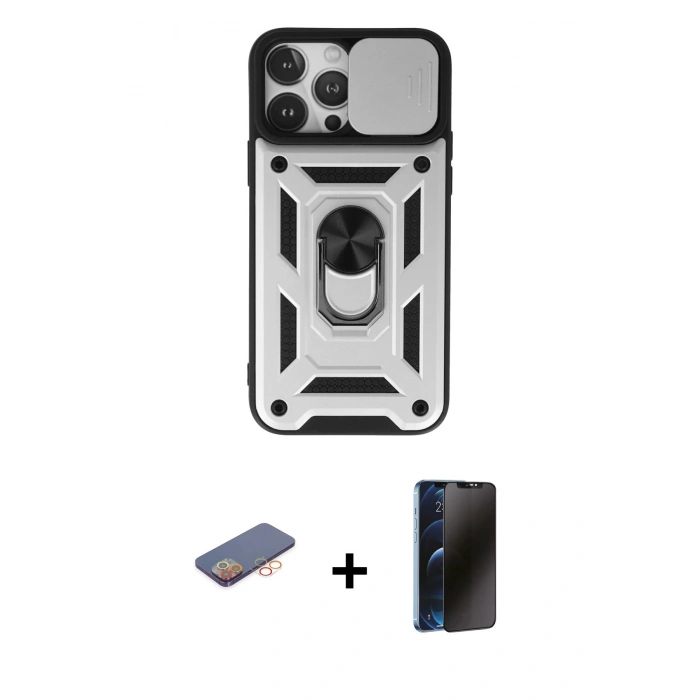 MARSİLYAN™- iPhone 13 Pro Max Kılıf Ahenk Klasik - Siyah 3D Antistatik Hayalet Cam Ekran Koruyucu + Renkli Kamera Lens Koruma Cam - TU