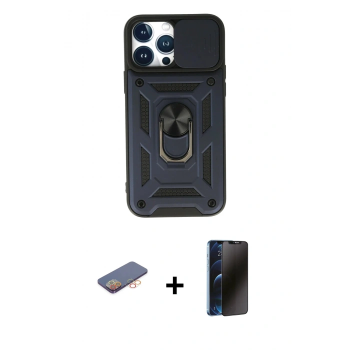 MARSİLYAN™- iPhone 13 Pro Max Kılıf Ahenk Klasik - Siyah 3D Antistatik Hayalet Cam Ekran Koruyucu + Renkli Kamera Lens Koruma Cam - TU