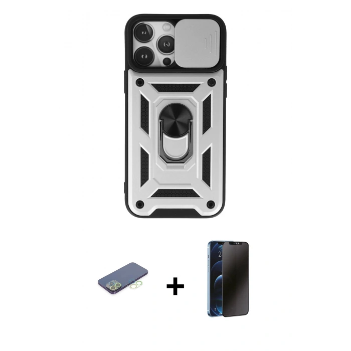 MARSİLYAN™- iPhone 13 Pro Max Kılıf Ahenk Klasik - Siyah 3D Antistatik Hayalet Cam Ekran Koruyucu + Renkli Kamera Lens Koruma Cam - YL