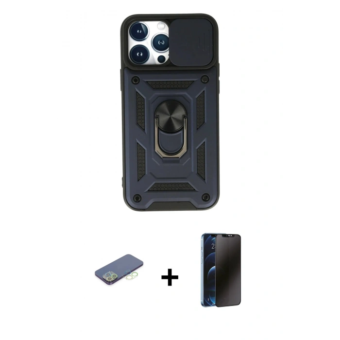 MARSİLYAN™- iPhone 13 Pro Max Kılıf Ahenk Klasik - Siyah 3D Antistatik Hayalet Cam Ekran Koruyucu + Renkli Kamera Lens Koruma Cam - YL