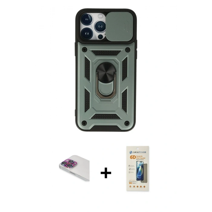 MARSİLYAN™- iPhone 13 Pro Max Kılıf Ahenk Klasik - Siyah 6D Mat Seramik Hayalet Nano Ekran Koruyucu + Pers Alüminyum Kamera Lens - GI