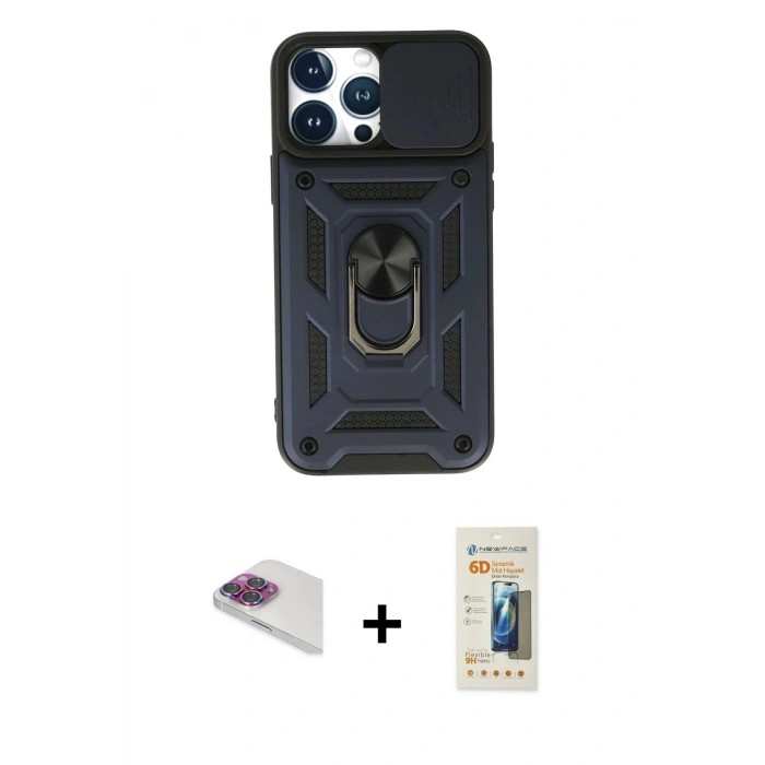 MARSİLYAN™- iPhone 13 Pro Max Kılıf Ahenk Klasik - Siyah 6D Mat Seramik Hayalet Nano Ekran Koruyucu + Pers Alüminyum Kamera Lens - GI