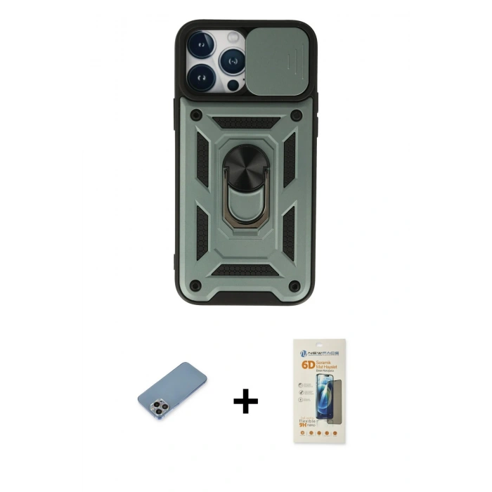 MARSİLYAN™- iPhone 13 Pro Max Kılıf Ahenk Klasik - Siyah 6D Mat Seramik Hayalet Nano Ekran Koruyucu + Shine Kamera Lens Koruma Cam - GI