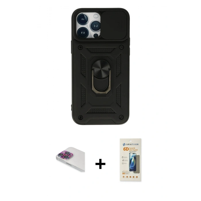 MARSİLYAN™- iPhone 13 Pro Max Kılıf Ahenk Klasik - Siyah 6D Mat Seramik Hayalet Nano Ekran Koruyucu + Pers Alüminyum Kamera Lens - GI