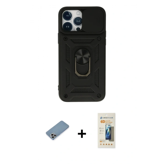 MARSİLYAN™- iPhone 13 Pro Max Kılıf Ahenk Klasik - Siyah 6D Mat Seramik Hayalet Nano Ekran Koruyucu + Shine Kamera Lens Koruma Cam - GI