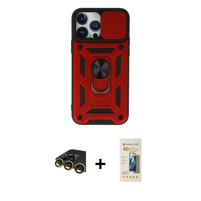 MARSİLYAN™- iPhone 13 Pro Max Kılıf Ahenk Klasik - Siyah 6D Mat Seramik Hayalet Nano Ekran Koruyucu + Raze Metal Kamera Lens - GD