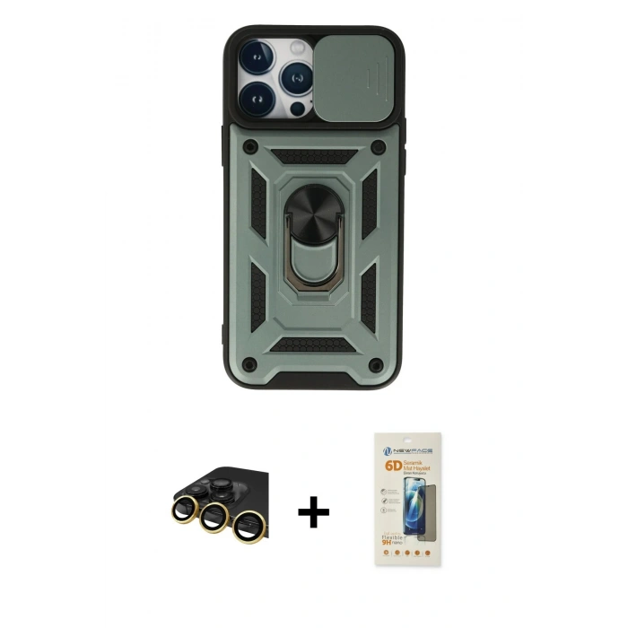 MARSİLYAN™- iPhone 13 Pro Max Kılıf Ahenk Klasik - Siyah 6D Mat Seramik Hayalet Nano Ekran Koruyucu + Raze Metal Kamera Lens - GD
