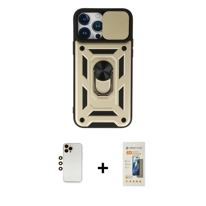 MARSİLYAN™- iPhone 13 Pro Max Kılıf Ahenk Klasik - Siyah 6D Mat Seramik Hayalet Nano Ekran Koruyucu + Gold Shine Kamera Lens