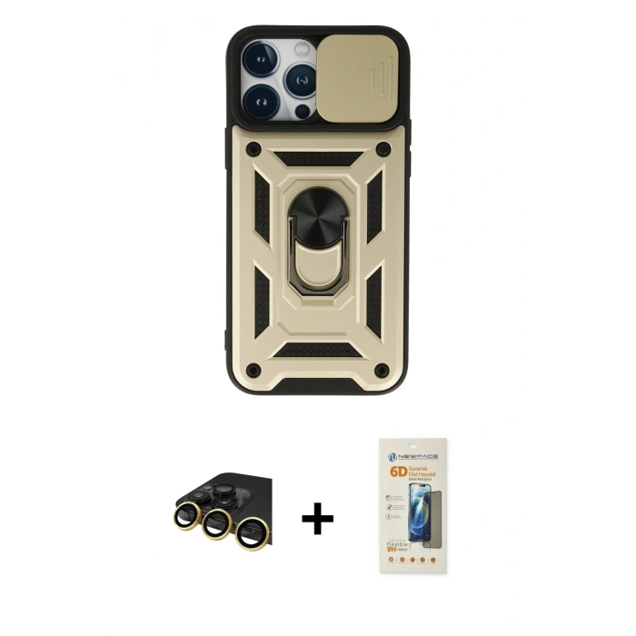 MARSİLYAN™- iPhone 13 Pro Max Kılıf Ahenk Klasik - Siyah 6D Mat Seramik Hayalet Nano Ekran Koruyucu + Raze Metal Kamera Lens - GD