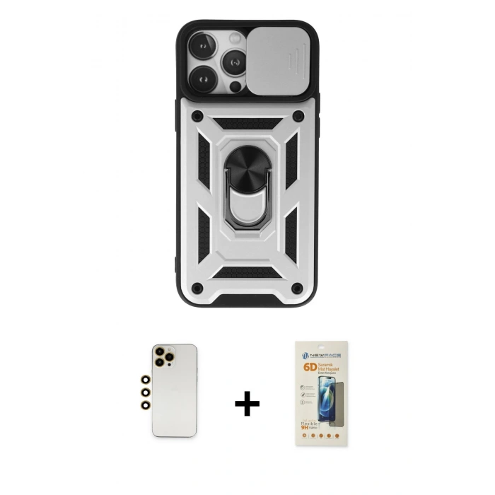MARSİLYAN™- iPhone 13 Pro Max Kılıf Ahenk Klasik - Siyah 6D Mat Seramik Hayalet Nano Ekran Koruyucu + Gold Shine Kamera Lens