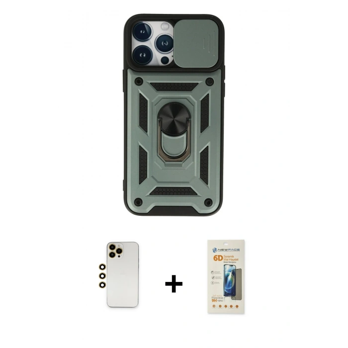 MARSİLYAN™- iPhone 13 Pro Max Kılıf Ahenk Klasik - Siyah 6D Mat Seramik Hayalet Nano Ekran Koruyucu + Gold Shine Kamera Lens