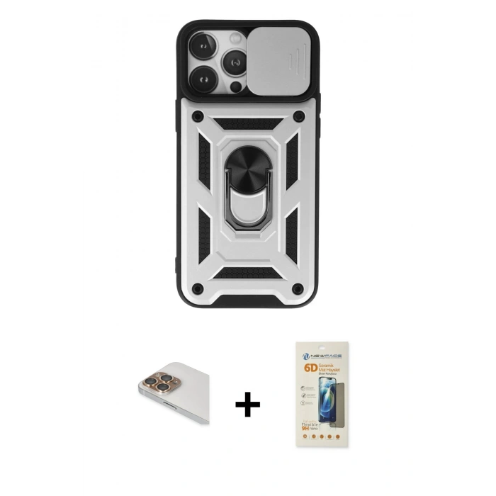 MARSİLYAN™- iPhone 13 Pro Max Kılıf Ahenk Klasik - Siyah 6D Mat Seramik Hayalet Nano Ekran Koruyucu + Pers Alüminyum Kamera Lens - GD