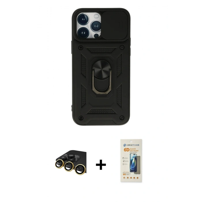 MARSİLYAN™- iPhone 13 Pro Max Kılıf Ahenk Klasik - Siyah 6D Mat Seramik Hayalet Nano Ekran Koruyucu + Raze Metal Kamera Lens - GD