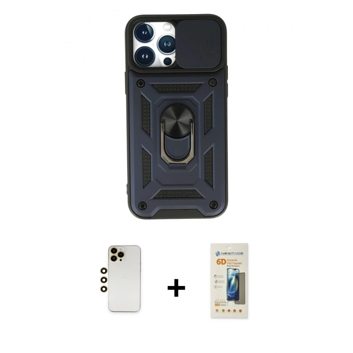 MARSİLYAN™- iPhone 13 Pro Max Kılıf Ahenk Klasik - Siyah 6D Mat Seramik Hayalet Nano Ekran Koruyucu + Gold Shine Kamera Lens
