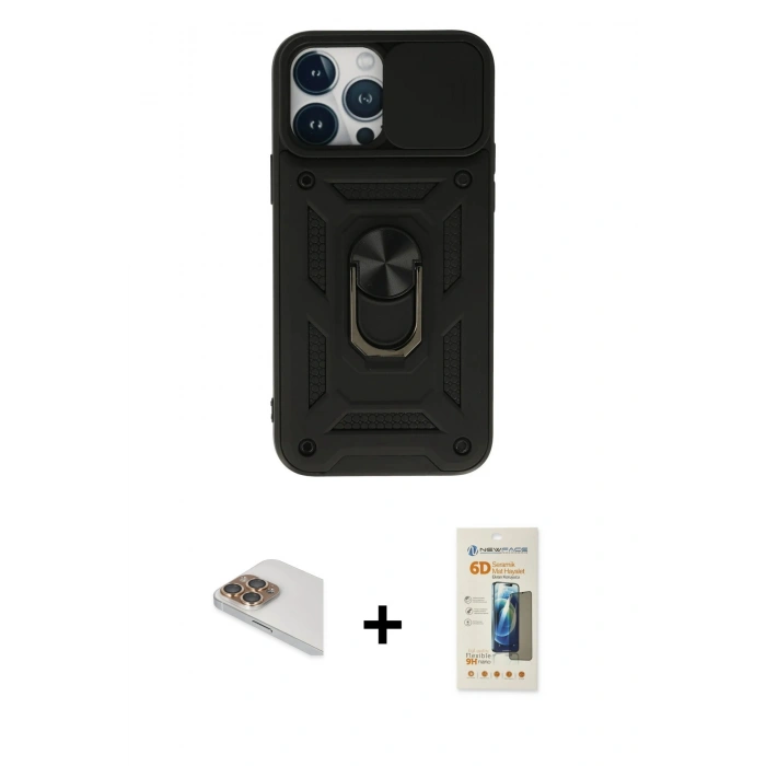 MARSİLYAN™- iPhone 13 Pro Max Kılıf Ahenk Klasik - Siyah 6D Mat Seramik Hayalet Nano Ekran Koruyucu + Pers Alüminyum Kamera Lens - GD