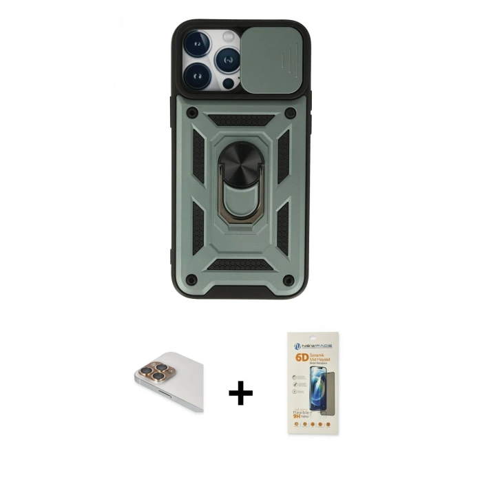 MARSİLYAN™- iPhone 13 Pro Max Kılıf Ahenk Klasik - Siyah 6D Mat Seramik Hayalet Nano Ekran Koruyucu + Pers Alüminyum Kamera Lens - GD