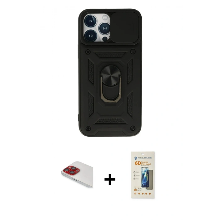 MARSİLYAN™- iPhone 13 Pro Max Kılıf Ahenk Klasik - Siyah 6D Mat Seramik Hayalet Nano Ekran Koruyucu + Pers Alüminyum Kamera Lens - KI
